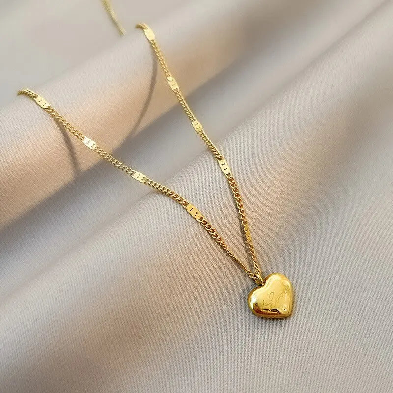 Gold Color Heart Necklace for Women Simple Fashion Love Engraved Collarbone Chain Holiday Gift