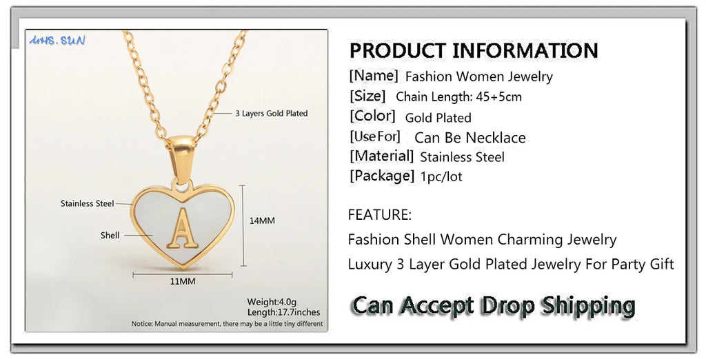Stainless Steel Heart Initial Necklace for Women A-Z