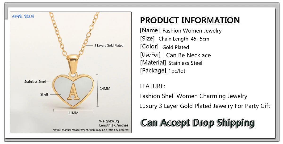 Stainless Steel Heart Initial Necklace for Women A-Z