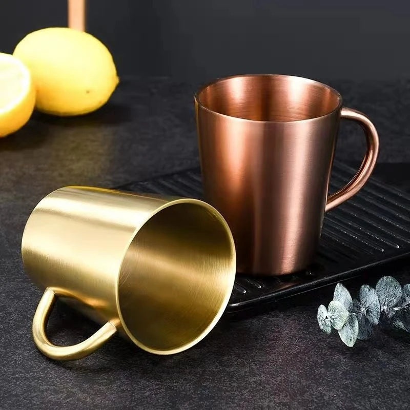 300ml Double-Layer 304 Stainless Steel Coffee Mug with Handle Gold and Silver Drinkware Cup