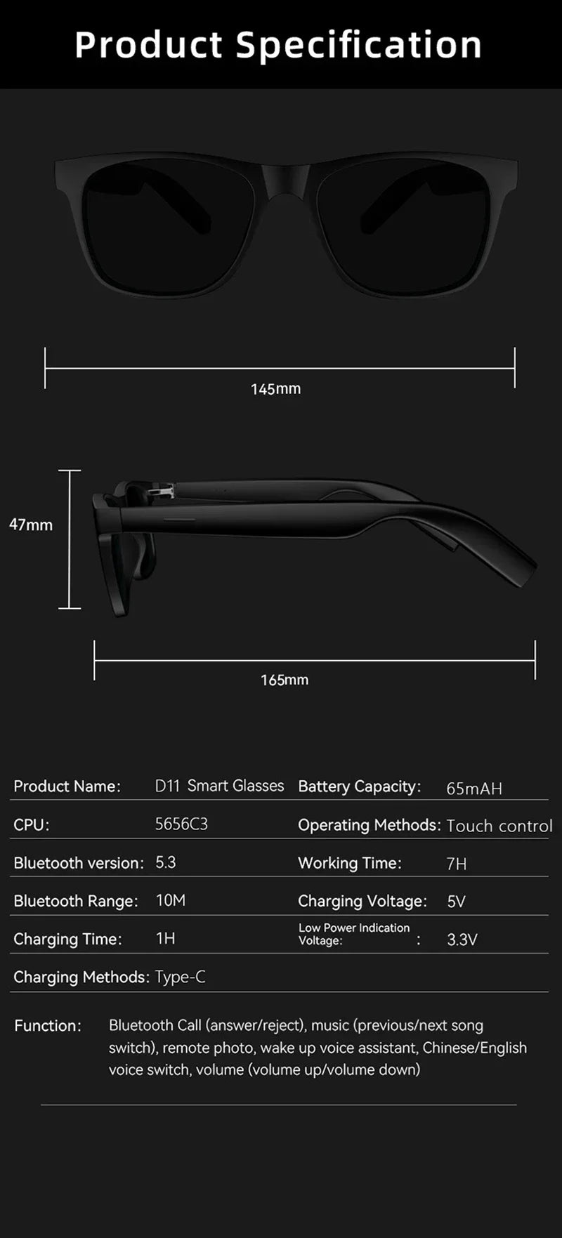Lenovo AI Smart Glasses with 8K Touch Control, Photo Camera, Recording, Translator, Voice Assistant and Bluetooth