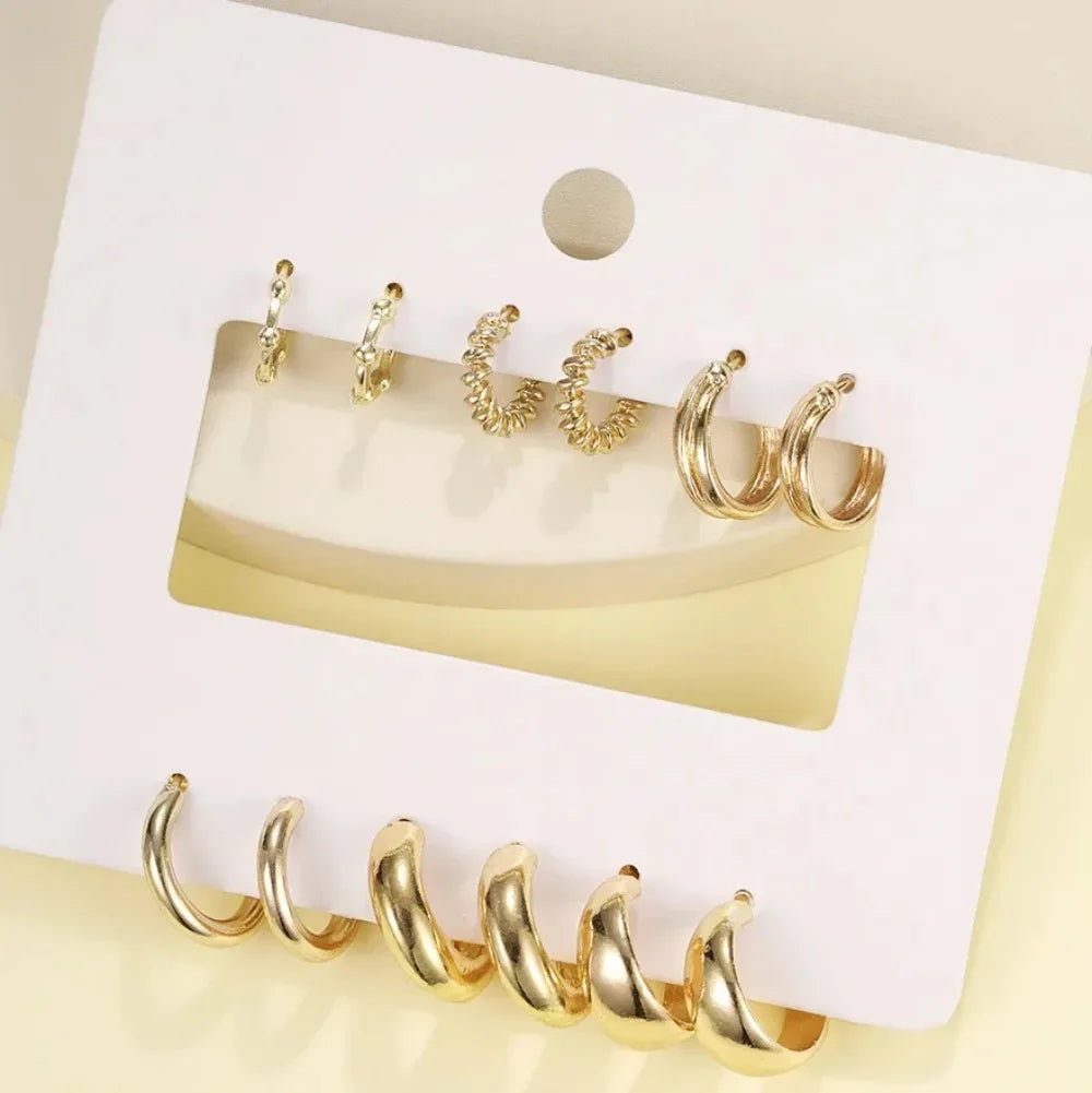 6Pcs Stainless Steel Crystal Zirconia Hoop Earrings Set