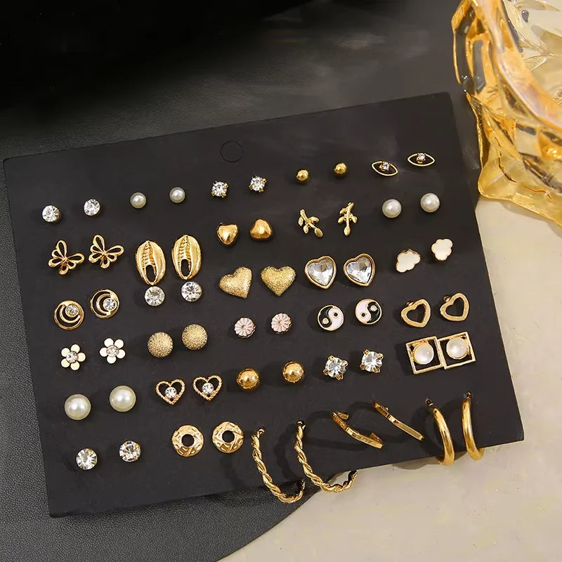 40Pcs Gold Color Earrings Set for Women Butterfly Heart Pearl