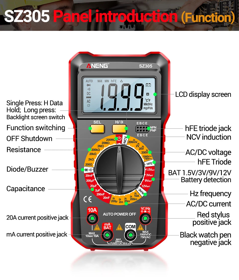 ANENG SZ305 Digital Multimeter Professional AC/DC Voltage Ammeter with Capacitor, hFE Triode and NCV Tester