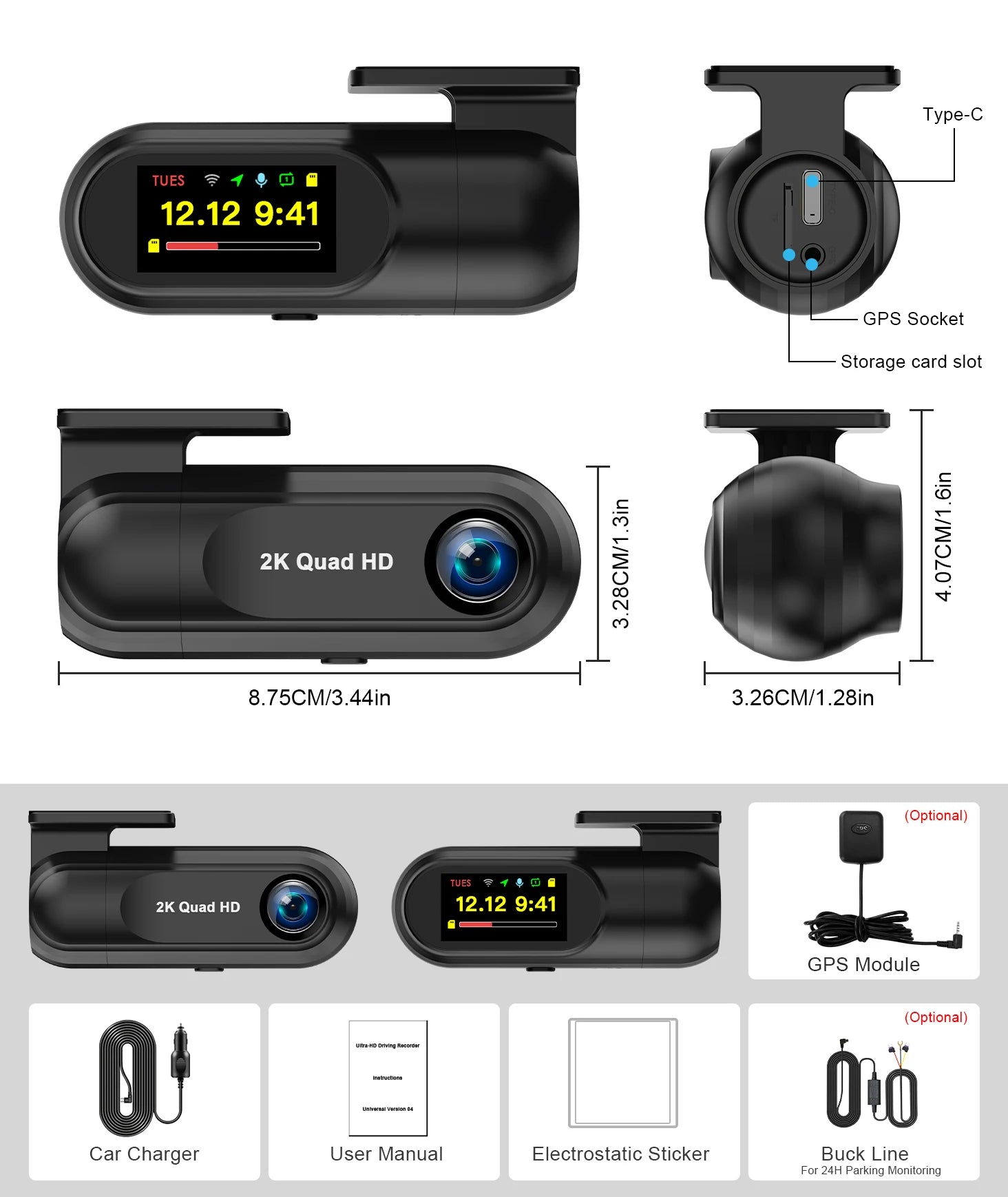 Soam 2.5K Front Dash Cam Built-in WiFi Car DVR with G-Sensor, Night Vision, WDR, GPS and 24H Parking Mode