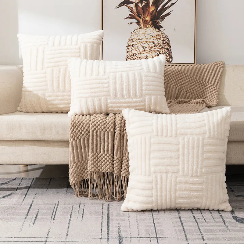 Boho Faux Fur Plush Throw Pillow Cover – Cream White Luxury Soft Decorative Cushion Case