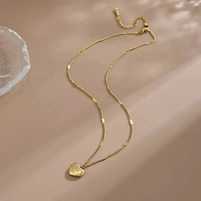 Gold Color Heart Necklace for Women Simple Fashion Love Engraved Collarbone Chain Holiday Gift