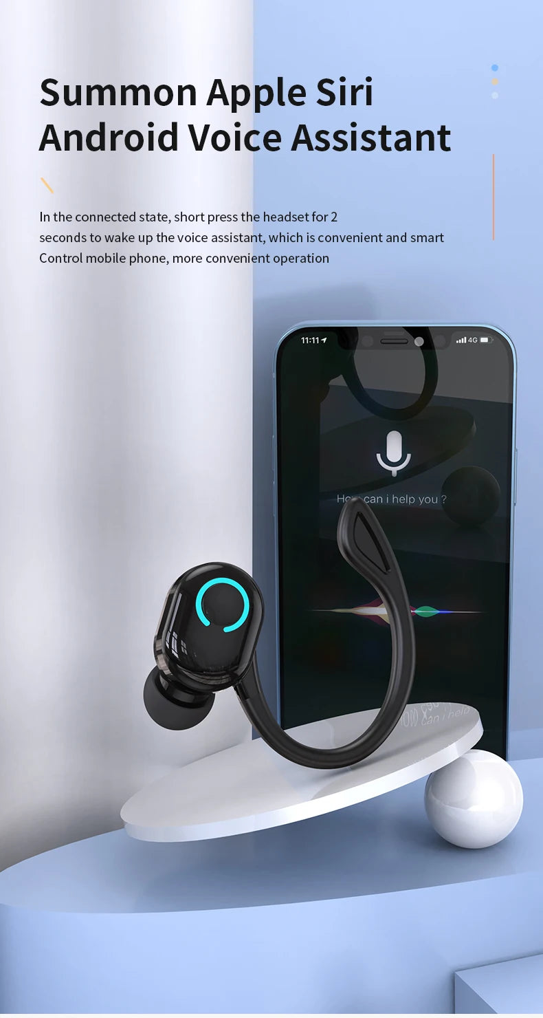 Wireless Bluetooth Earphones with HiFi Bass, HD Microphone, Ear-Hook Design, Noise Cancelling, Waterproof Sports Gaming Headset
