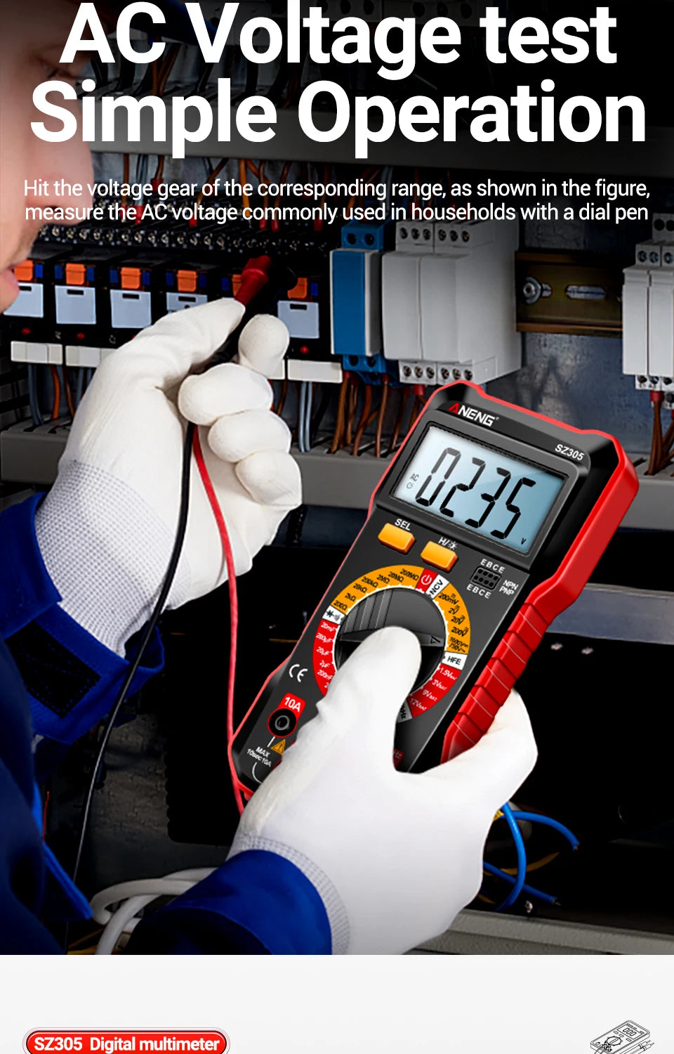 ANENG SZ305 Digital Multimeter Professional AC/DC Voltage Ammeter with Capacitor, hFE Triode and NCV Tester