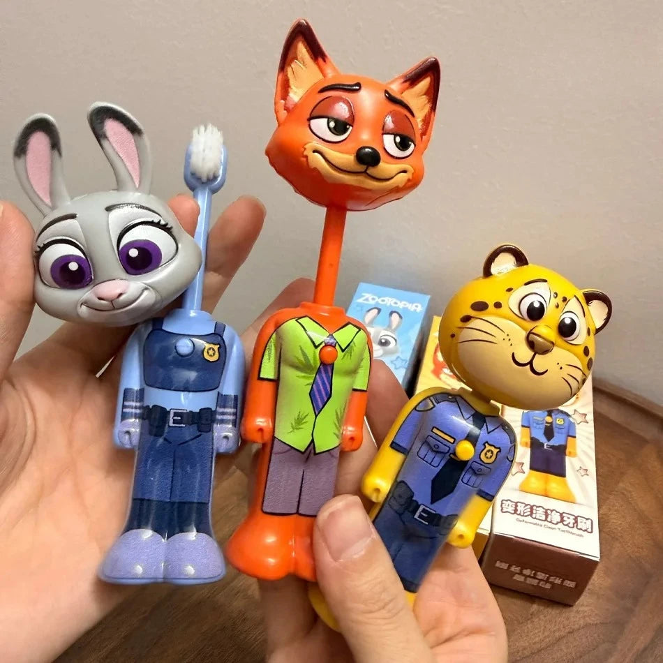 Cute Cartoon Animal Kids Toothbrush with Nick and Judy Figures, Transformable Soft Fine Bristles