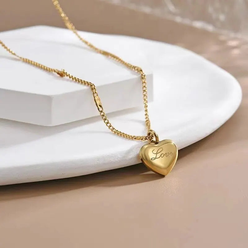 Gold Color Heart Necklace for Women Simple Fashion Love Engraved Collarbone Chain Holiday Gift