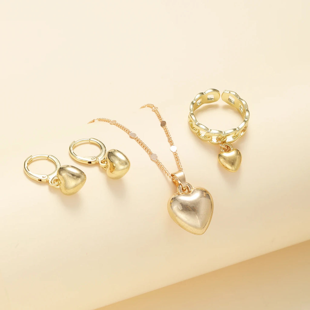 4-Piece Vintage Gold Heart Jewelry Set for Women