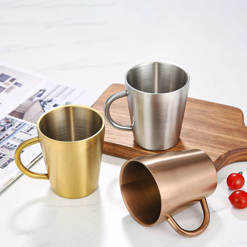 300ml Double-Layer 304 Stainless Steel Coffee Mug with Handle Gold and Silver Drinkware Cup