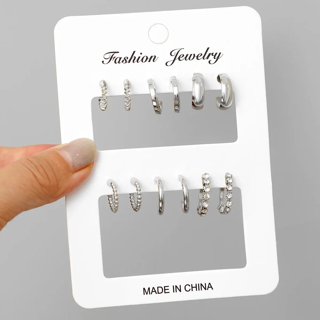 6Pcs Stainless Steel Crystal Zirconia Hoop Earrings Set