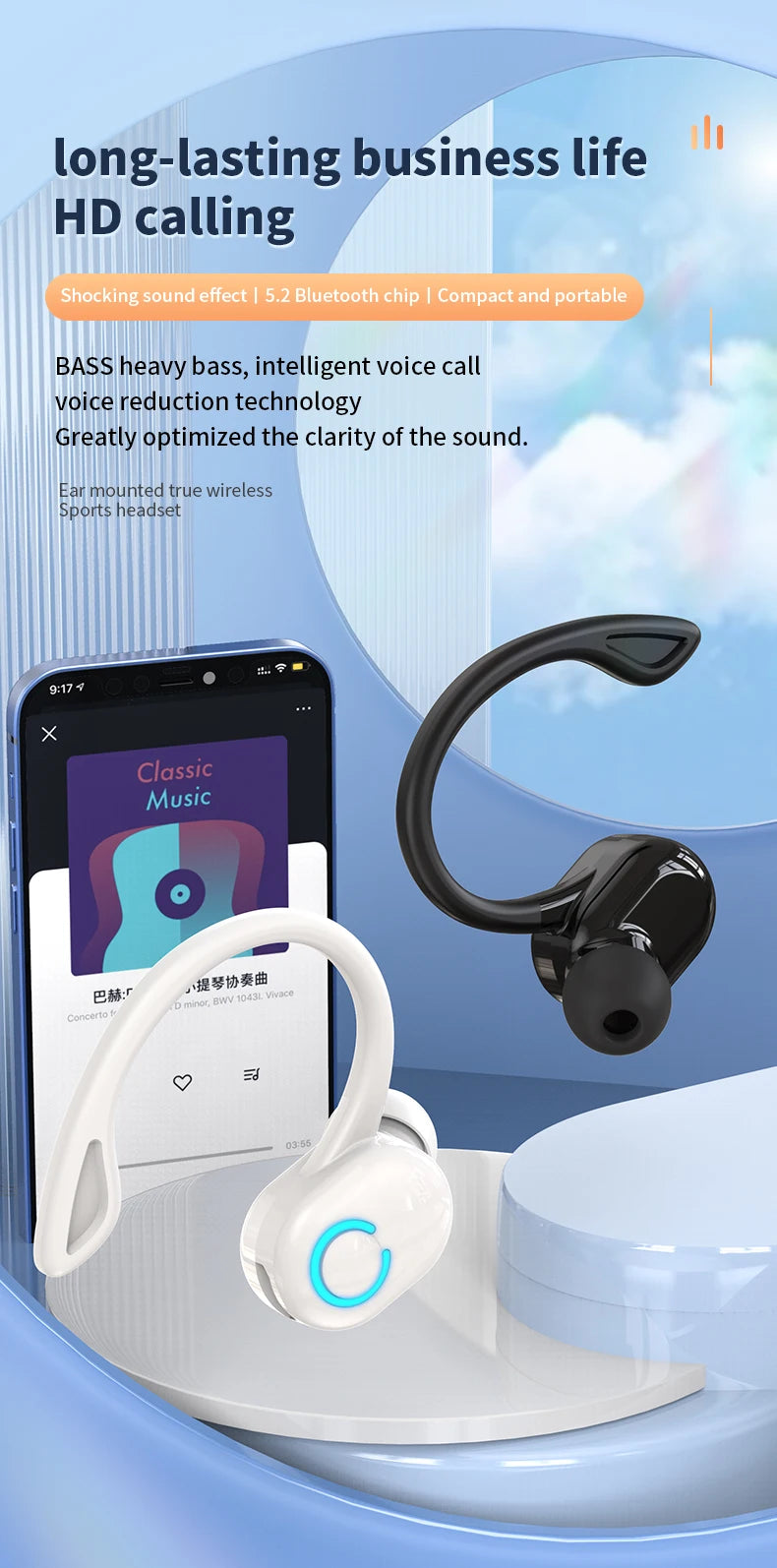 Wireless Bluetooth Earphones with HiFi Bass, HD Microphone, Ear-Hook Design, Noise Cancelling, Waterproof Sports Gaming Headset