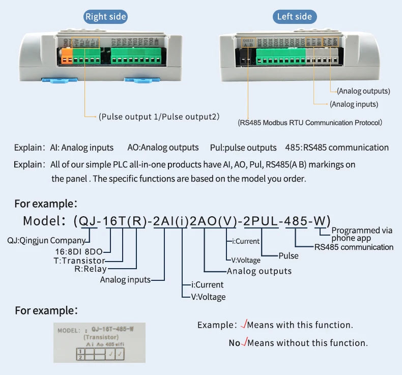 Huaqingjun 8DI 8DO PLC Controller with Relay Output, 2AI 2AO, RS485 Modbus RTU Programmable Logic Controller for Greenhouse Automation