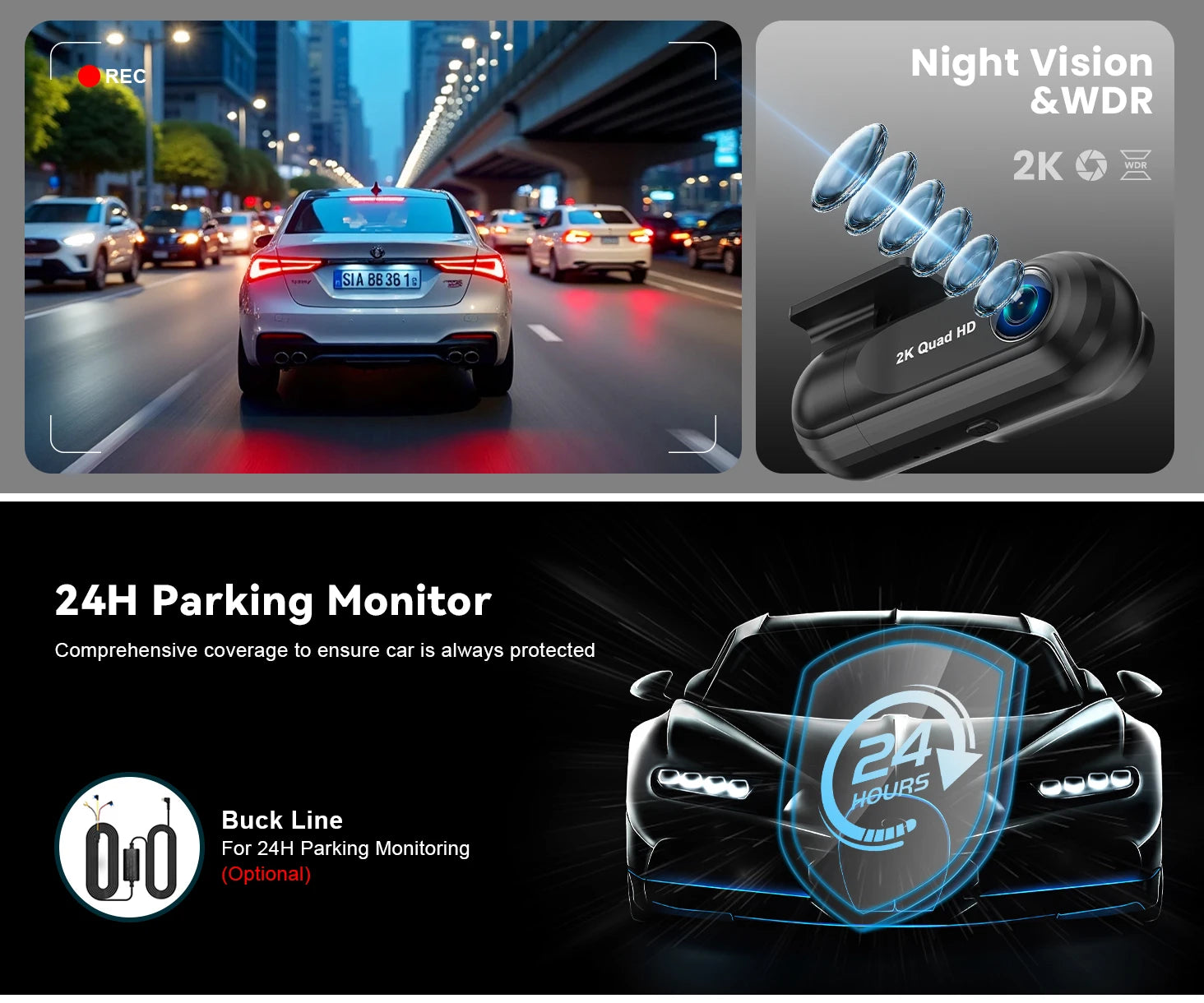 Soam 2.5K Front Dash Cam Built-in WiFi Car DVR with G-Sensor, Night Vision, WDR, GPS and 24H Parking Mode