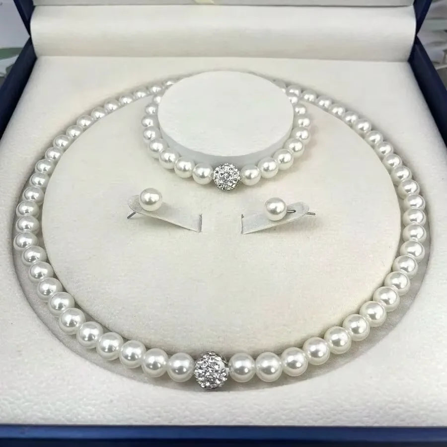 3-Piece Imitation Pearl Fireball Jewelry Set – Necklace, Bracelet & Stud Earrings with Crystal Stones