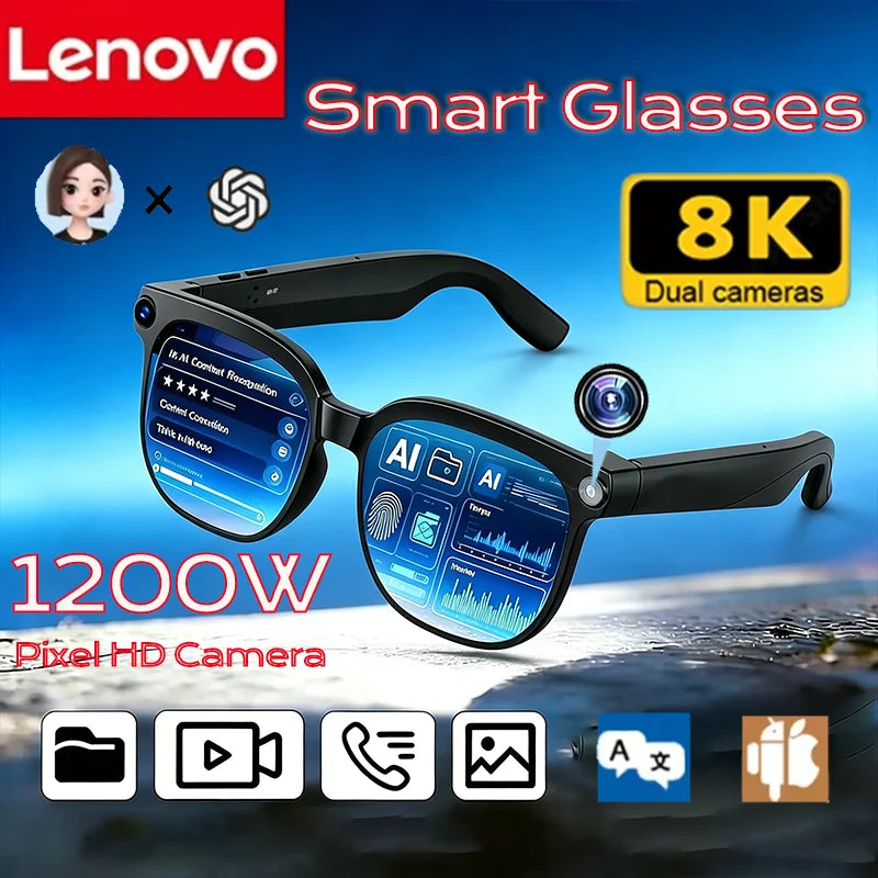 Lenovo AI Smart Glasses with 8K Touch Control, Photo Camera, Recording, Translator, Voice Assistant and Bluetooth