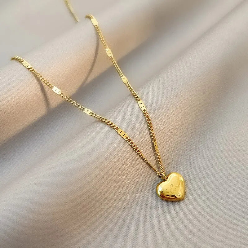 Gold Color Heart Necklace for Women Simple Fashion Love Engraved Collarbone Chain Holiday Gift