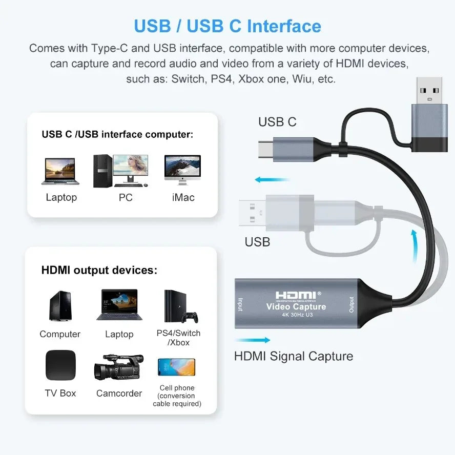 4K HDMI to USB 3.0 Type-C Video Capture Card for Gaming Live Streaming