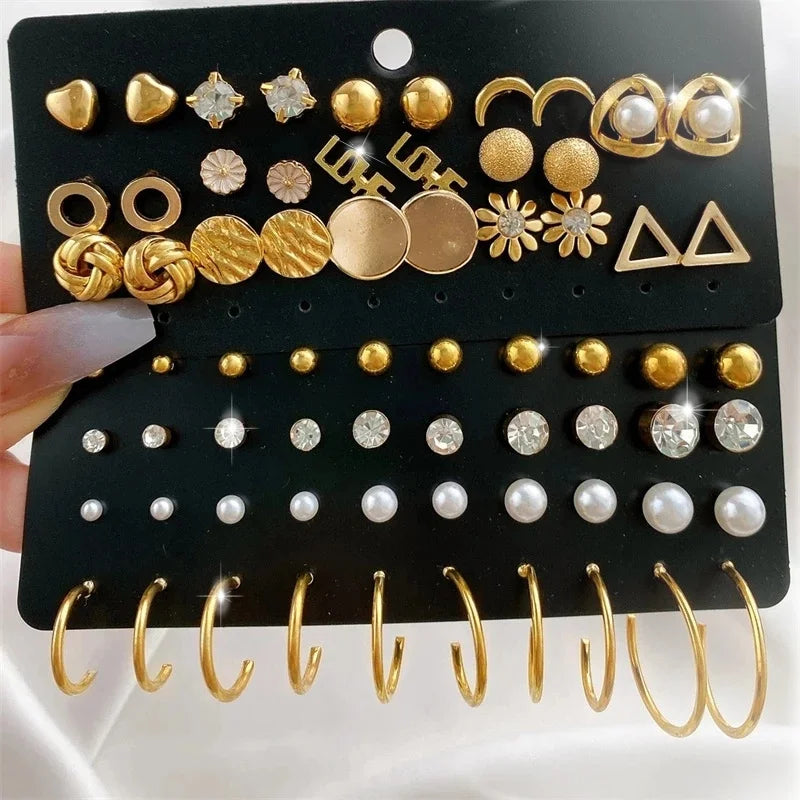 40Pcs Gold Color Earrings Set for Women Butterfly Heart Pearl