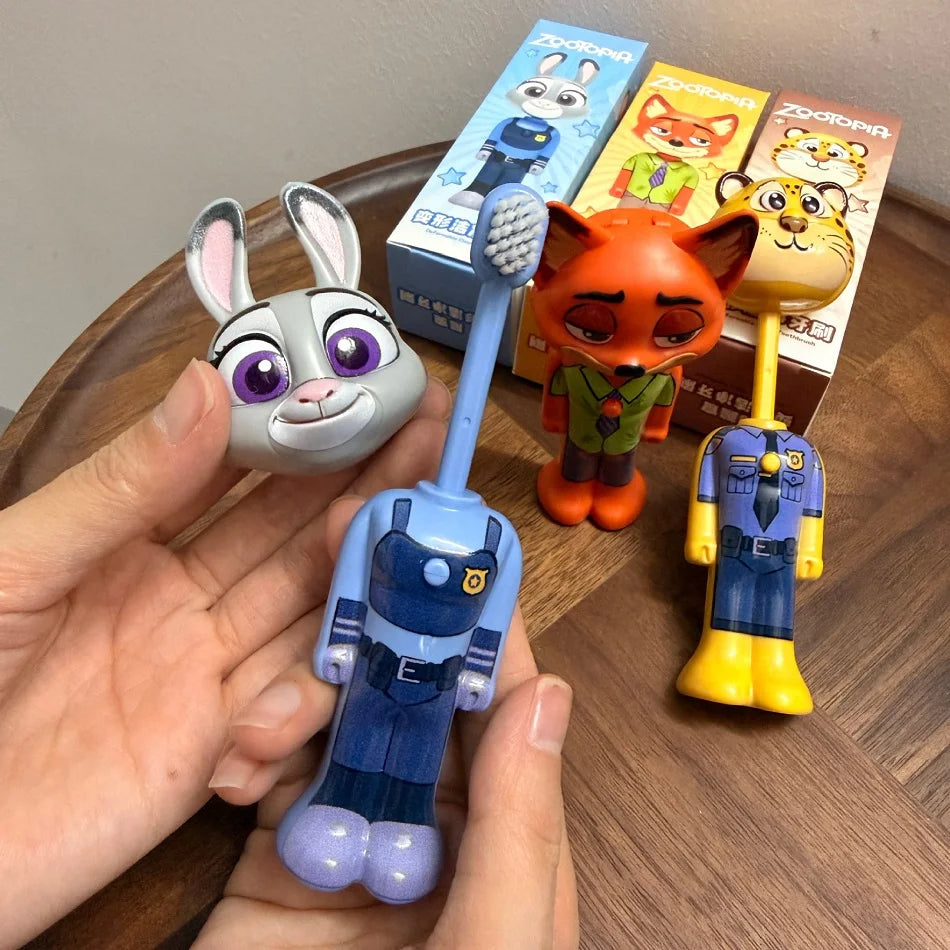 Cute Cartoon Animal Kids Toothbrush with Nick and Judy Figures, Transformable Soft Fine Bristles