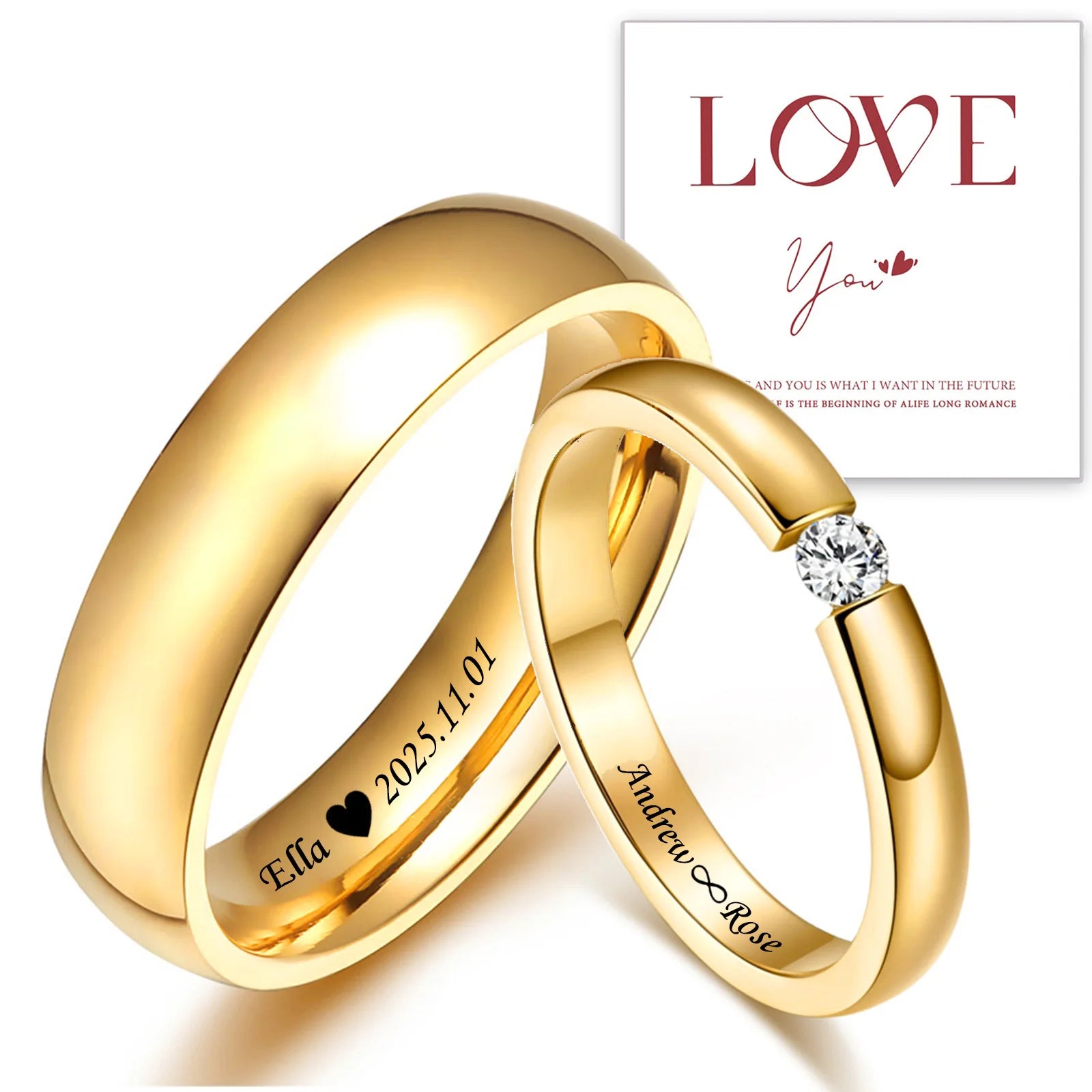 Custom Couple Rings PVD Gold Plated Personalized Name Wedding Bands Gift with Card for Women and Men