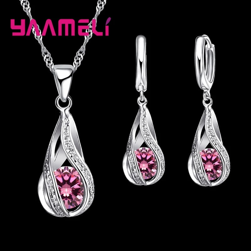Women’s Water Drop CZ Jewelry Set with Necklace, Hoop Earrings and Ring
