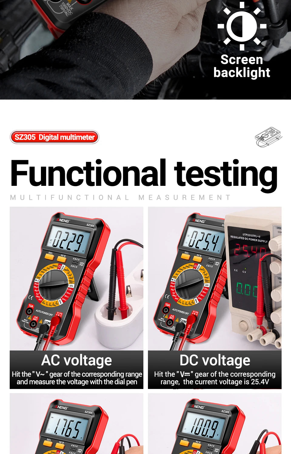 ANENG SZ305 Digital Multimeter Professional AC/DC Voltage Ammeter with Capacitor, hFE Triode and NCV Tester