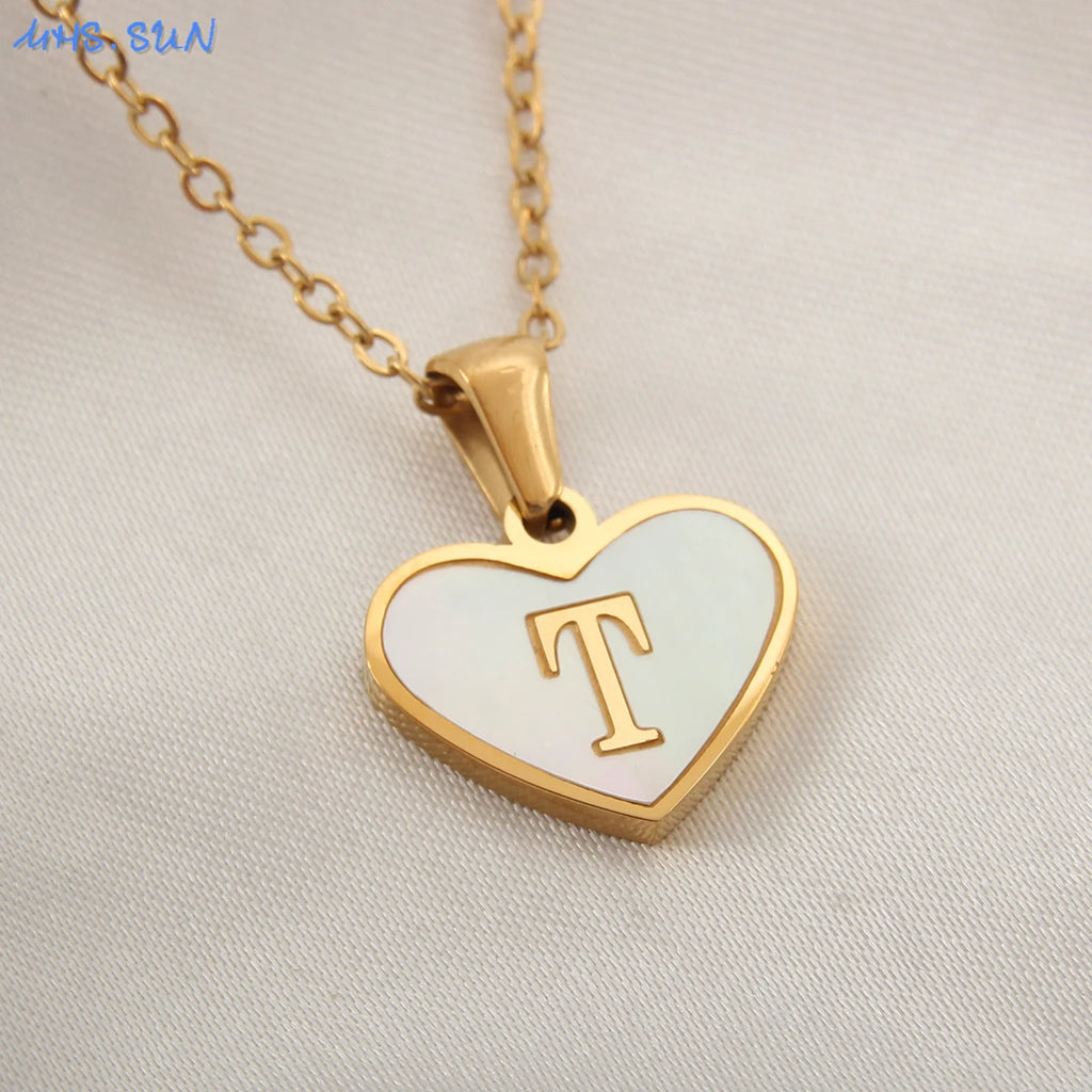 Stainless Steel Heart Initial Necklace for Women A-Z
