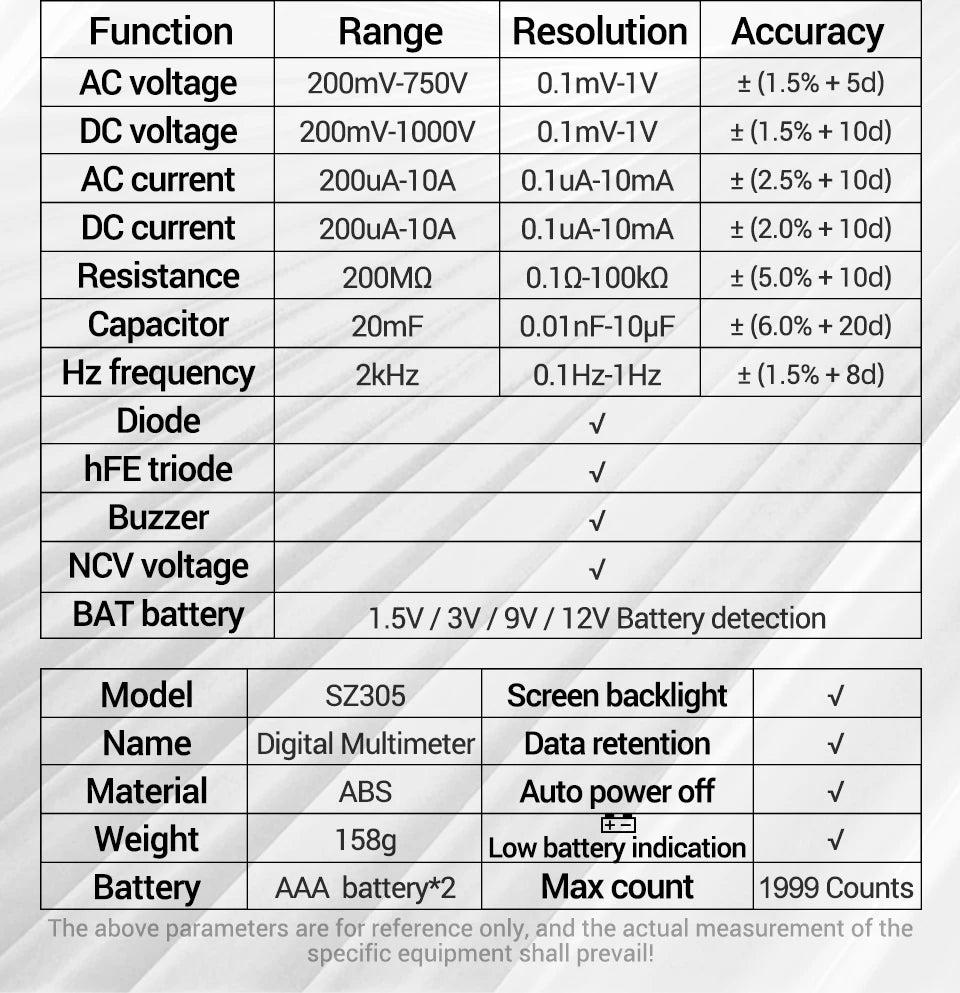 ANENG SZ305 Digital Multimeter Professional AC/DC Voltage Ammeter with Capacitor, hFE Triode and NCV Tester