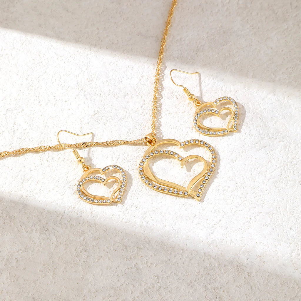 Women’s Double-Layer Hollow Heart Pendant Necklace with Rhinestones
