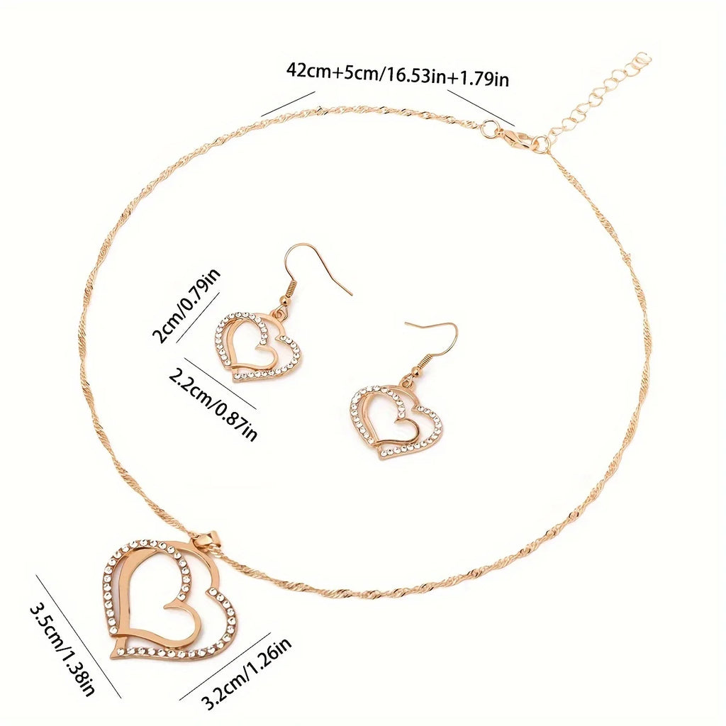 Women’s Double-Layer Hollow Heart Pendant Necklace with Rhinestones