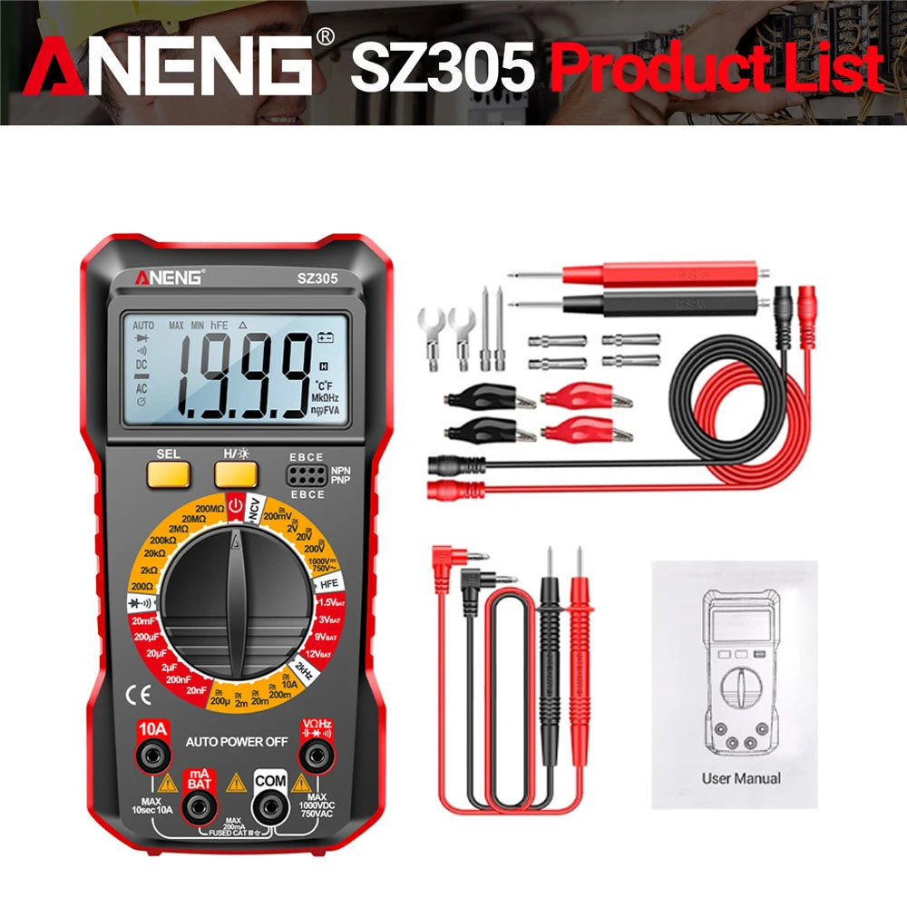 ANENG SZ305 Digital Multimeter Professional AC/DC Voltage Ammeter with Capacitor, hFE Triode and NCV Tester