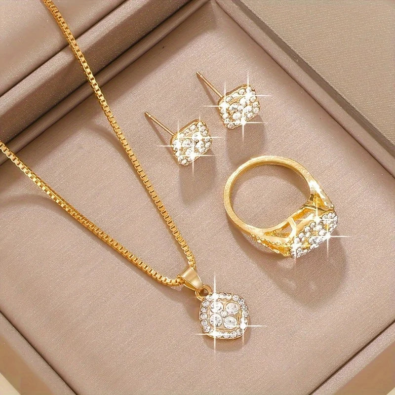 Luxury Cube Jewelry Set for Women Necklace Earrings Ring
