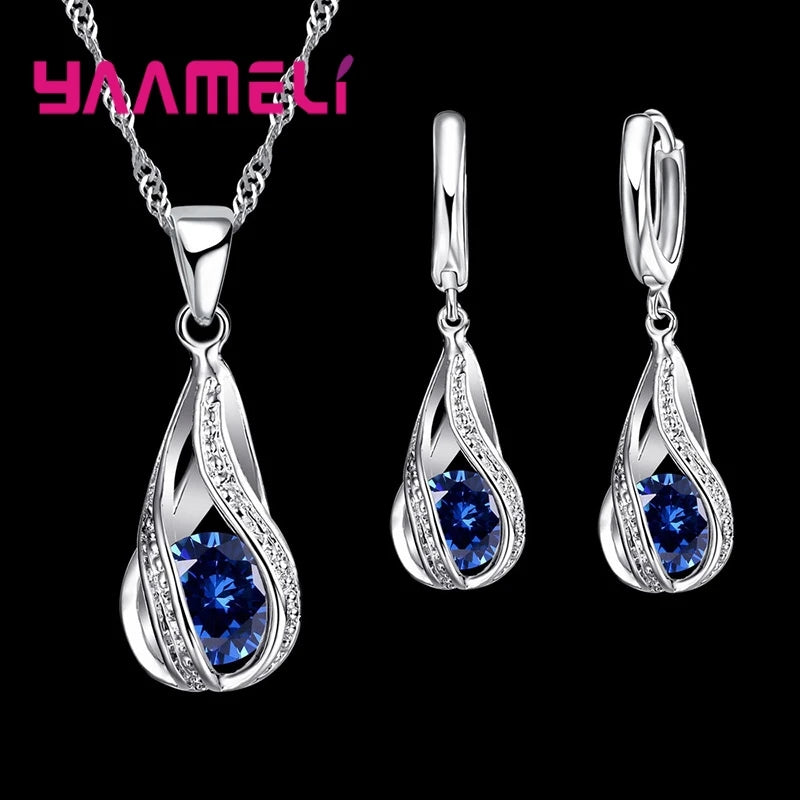 Women’s Water Drop CZ Jewelry Set with Necklace, Hoop Earrings and Ring