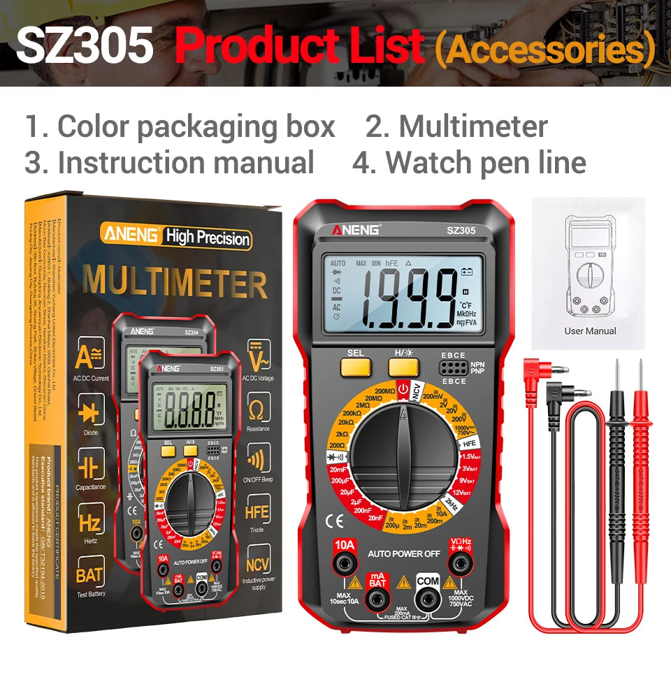 ANENG SZ305 Digital Multimeter Professional AC/DC Voltage Ammeter with Capacitor, hFE Triode and NCV Tester