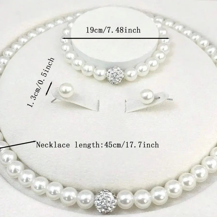 3-Piece Imitation Pearl Fireball Jewelry Set – Necklace, Bracelet & Stud Earrings with Crystal Stones