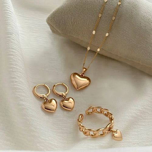 4-Piece Vintage Gold Heart Jewelry Set for Women