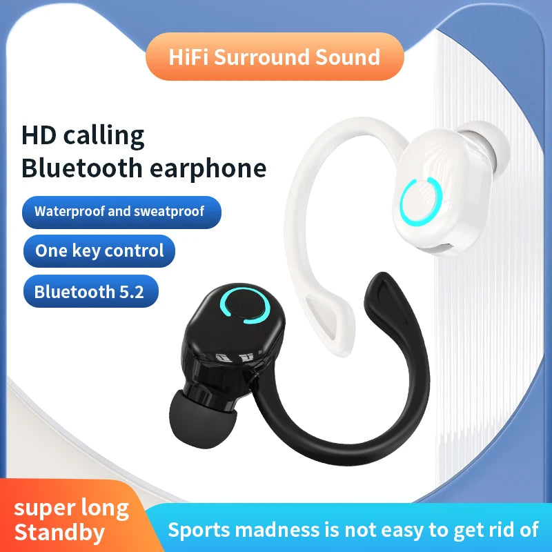 Wireless Bluetooth Earphones with HiFi Bass, HD Microphone, Ear-Hook Design, Noise Cancelling, Waterproof Sports Gaming Headset