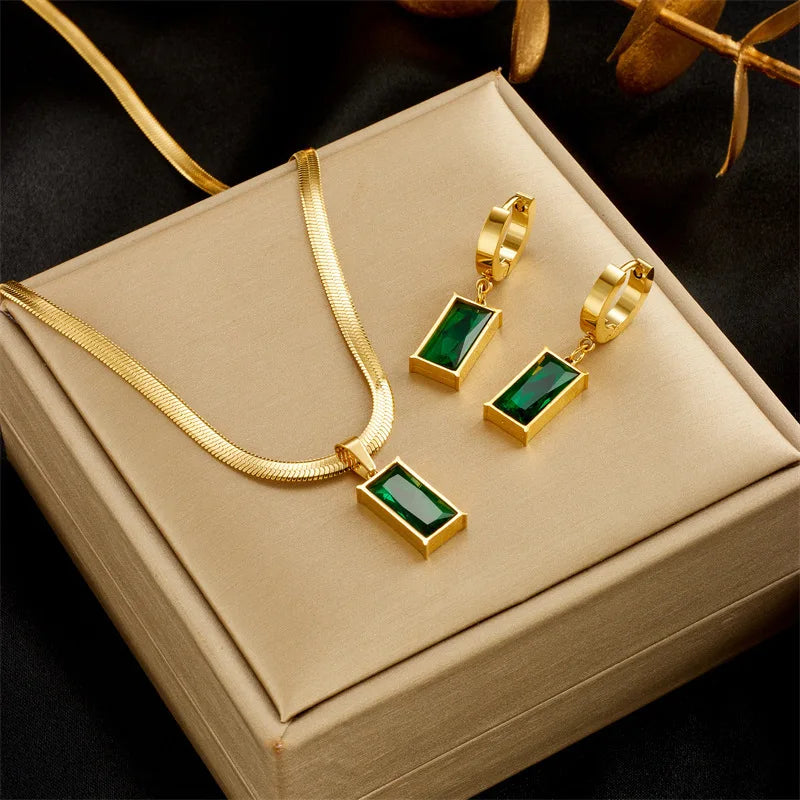 Green Crystal Necklace and Earrings Jewelry Set for Women
