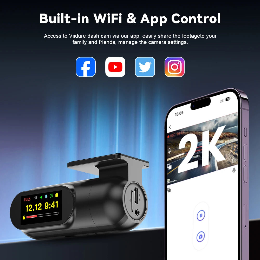 Soam 2.5K Front Dash Cam Built-in WiFi Car DVR with G-Sensor, Night Vision, WDR, GPS and 24H Parking Mode