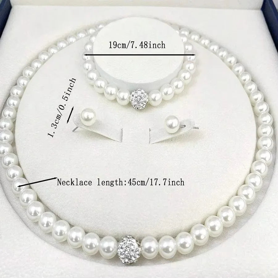 3-Piece Imitation Pearl Fireball Jewelry Set – Necklace, Bracelet & Stud Earrings with Crystal Stones