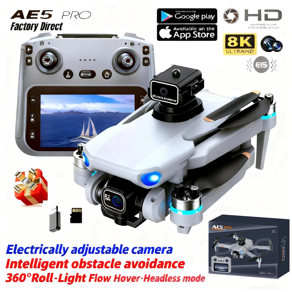 AE5 Max 8K HD Quadcopter Drone with 4.5” Screen Controller, 20 Min Battery, Headless Mode and 360° Flip