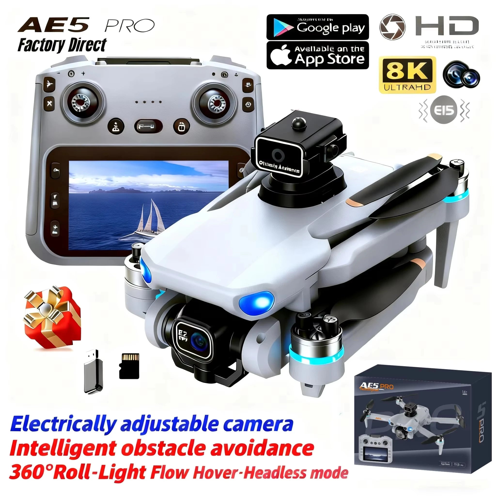 AE5 Max 8K HD Quadcopter Drone with 4.5” Screen Controller, 20 Min Battery, Headless Mode and 360° Flip
