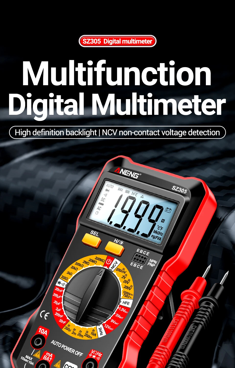 ANENG SZ305 Digital Multimeter Professional AC/DC Voltage Ammeter with Capacitor, hFE Triode and NCV Tester