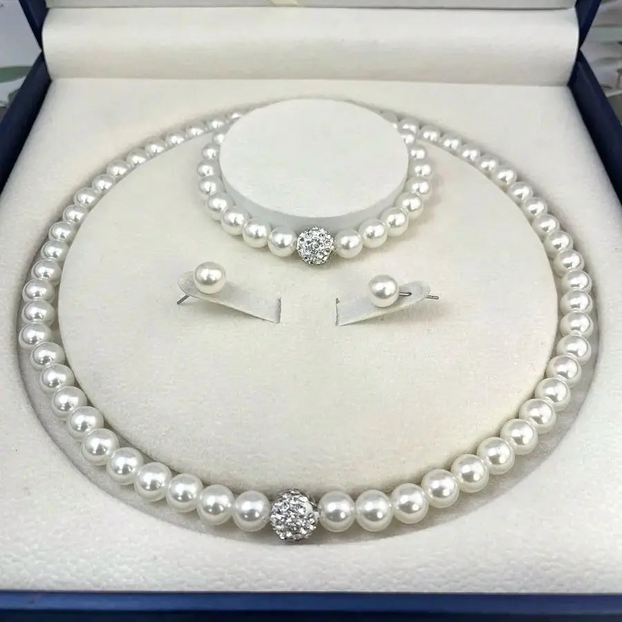 3-Piece Imitation Pearl Fireball Jewelry Set – Necklace, Bracelet & Stud Earrings with Crystal Stones