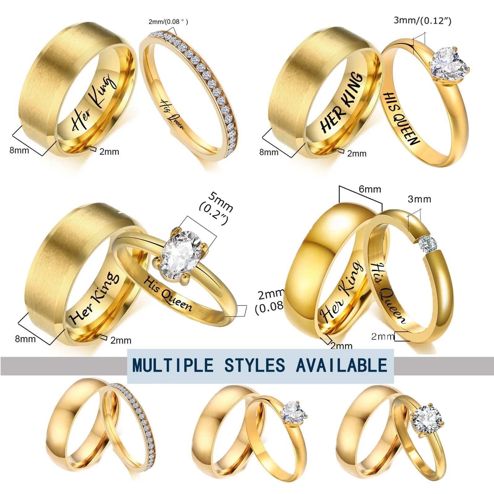 Custom Couple Rings PVD Gold Plated Personalized Name Wedding Bands Gift with Card for Women and Men