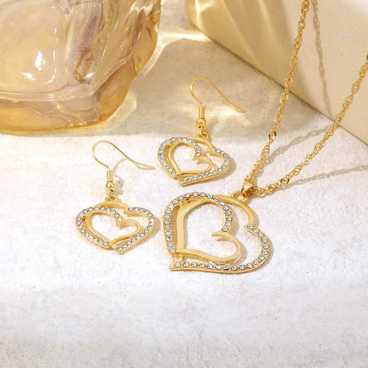 Women’s Double-Layer Hollow Heart Pendant Necklace with Rhinestones